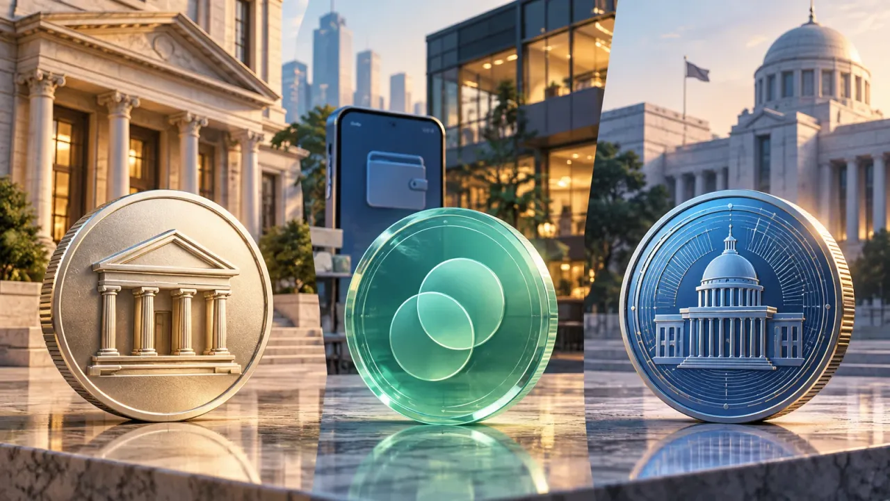 商業銀行、私人機構與中央銀行對應三種數位貨幣的概念插圖
